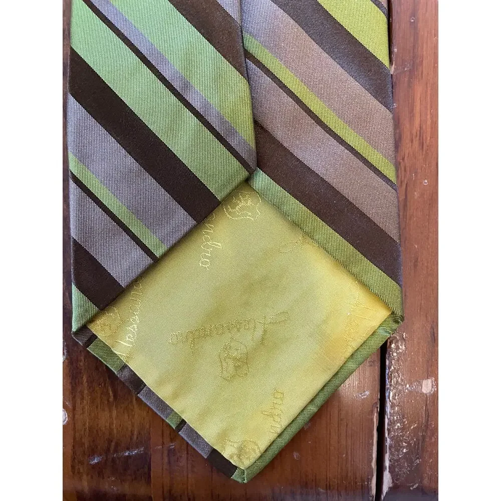 Alessandro Originals All Silk Neck Tie Green Brown Diagonal Stripes RN 16484